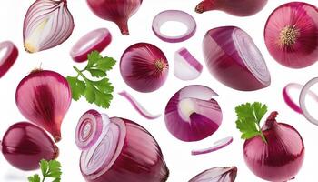 Flying red onion cuts and slices isolated on a white background photo