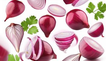 Flying red onion cuts and slices isolated on a white background photo