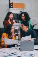 Stress, business people and employee frustrated with multitasking, pressure or overworked by team in chaos with paperwork. Anxiety, headache and worker overwhelmed by group and burnout in crisis photo