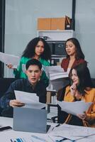 Stress, business people and employee frustrated with multitasking, pressure or overworked by team in chaos with paperwork. Anxiety, headache and worker overwhelmed by group and burnout in crisis photo