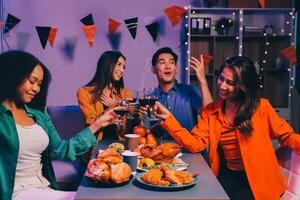 Joyful office Halloween party with coworkers in costumes, celebrating with drinks and laughter, fostering teamwork and festive spirit photo