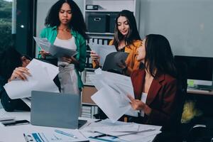 Stress, business people and employee frustrated with multitasking, pressure or overworked by team in chaos with paperwork. Anxiety, headache and worker overwhelmed by group and burnout in crisis photo