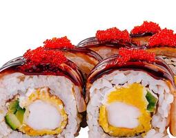 Delectable sushi roll with toppings on white background photo