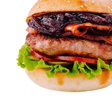Delicious burger with beef, bacon and caramelized onion on white background photo