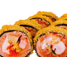 Close-up of several tempura maki sushi rolls, showing the ingredients inside photo