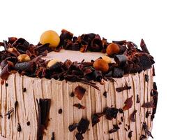 Delicious chocolate cake with chocolate shavings on white background photo