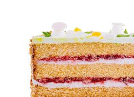 Delicious sponge cake with cream filling decorated with green icing and flowers photo