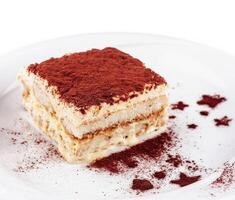 Delicious tiramisu cake with cocoa powder on white plate photo