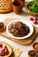 Beef Rendang is a Minang dish originating from the Minangkabau region in West Sumatra, Indonesia. Rendang has been slow cooked and braised in a coconut milk seasoned with a herb and spice mixture photo