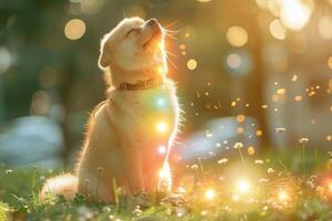 Dog meditates on grass grounding energy into chakras. photo