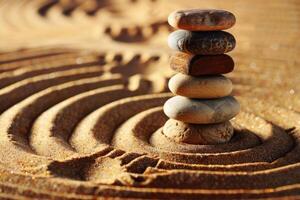 Zen Japanese garden with circle in sand background. photo