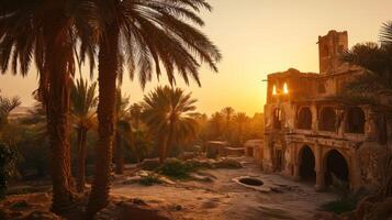 Ancient ruins in the desert at sunset photo