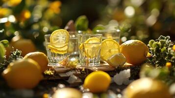 Lemonade in glasses on a table with lemons photo