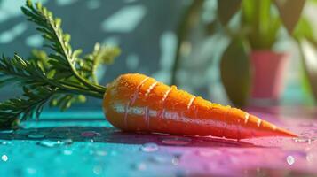 A carrot is sitting on a table with water drops photo