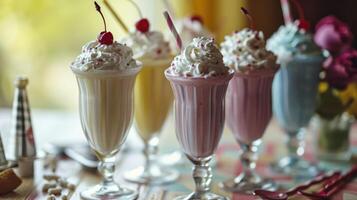 A row of colorful milkshakes sit on a table photo
