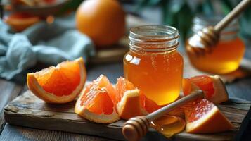 Orange juice and honey on a wooden table photo
