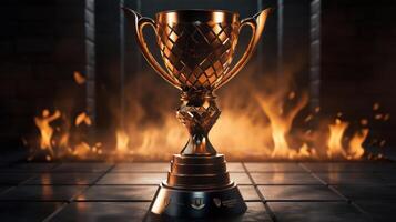 A trophy is sitting on a table in front of a fire photo