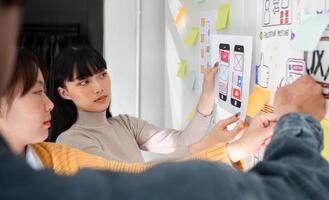 UX UI Designer Team Collaborates on Digital System Planning with Wireframes and Sticky Notes in Modern Office photo