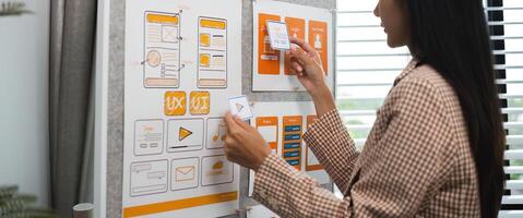 Designer Planning UX UI System with Wireframes and Prototypes on Board in Modern Office Environment photo