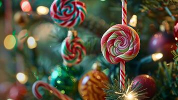 Candy Cane Christmas Ornament Hanging on Festive Tree photo