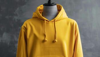 Mannequin Displaying Yellow Hoodie in Neutral Background photo