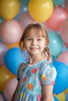 Happy Child with Colorful Balloons Celebrating Outdoors photo
