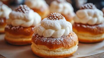 Close-up of Freshly Baked Cream Buns with Sugar Powder photo