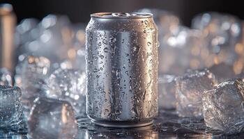 Chilled Soda Can Surrounded by Ice Cubes photo