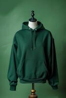 Green Hoodie on Mannequin Display in Studio Setting photo