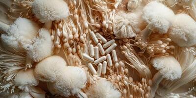 Lion's Mane Mushroom and Capsules on Pastel Background photo