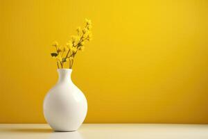 A white vase with flowers on a yellow background with a place to copy photo