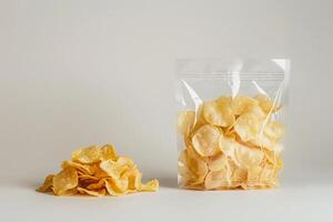 Clear Packaging of Assorted Rice Crackers on White Background photo