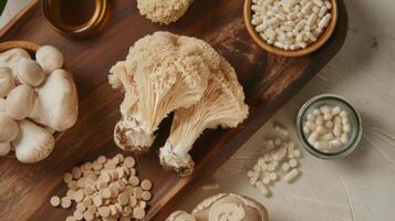 Organic Mushroom Varieties and Supplements on Wooden Surface photo