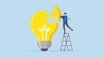 Solve business problem with creativity, 4k animation of Businessman put together final jigsaw piece to finish puzzle of idea for lightbulb. video