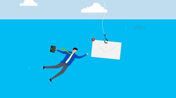 Phishing email, 4k animation of Avaricious entrepreneur submerging to retrieve email envelope using fishing hook. video