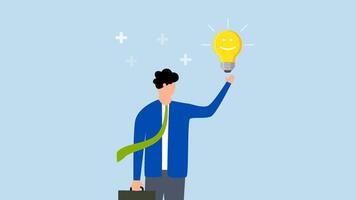 Positive thinking, 4k animation of Smiling businessman holds a lightbulb idea with surrounding positive vibes. video