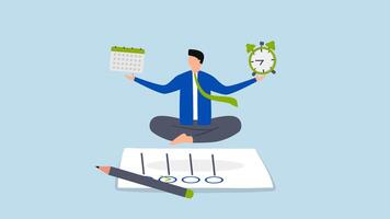 self control to complete work, Businessman finds peace in meditation while juggling between time and deadlines on a paper filled with completed tasks. video