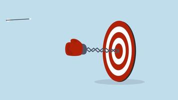career struggle, 4k animation of boxing glove emerges from the bullseye of a dartboard to punch a dart out of the target. video