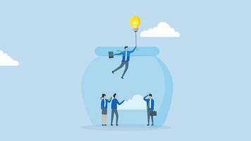 Entrepreneurship escape from routine job, 4k animation of Businessman entrepreneur soaring through air in hot air balloon shaped like lightbulb to break free from constraints of fish tank. video