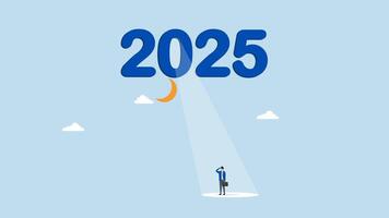 Year 2025 business opportunity, 4k animation of In 2025 hopeful businessman is illuminated by bright spotlight shining from number zero. video