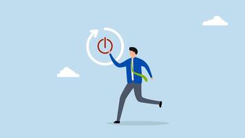 Time to reboot business, 4k animation of businessman cautiously extends his finger to push the reboot or restart button. video