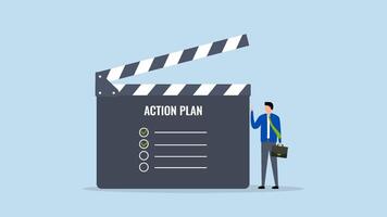 Action plan with checklist step by step of business implementation, 4k animation of Businessman managing a slate with steps listed for an action plan. video