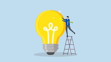Polishing idea to be perfect and best quality result, 4k animation of intelligent entrepreneur ascends ladder to maintain and shine lightbulb for top notch idea. video