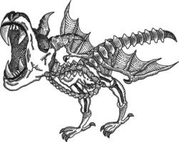 A minimalist, cross hatched drawing of a T Rex, its bones bound by a rope but given newfound freedom through a pair of bat ike wings. This unique dinosaur into a creature of legend. vector
