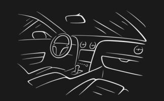 Contour of car salon interior inside from white lines on black background. View from front seat vector