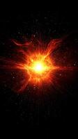 intense red explosion bursts forth from a bright center, particles glowing and spreading out against the black void, creating a dazzling display of energy and light. photo