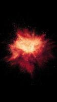 stunning eruption of fiery red particles bursts forth from a bright core, illuminating the surrounding darkness as heat and energy radiate outward, creating a mesmerizing spectacle. photo