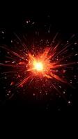 vibrant burst of fiery red particles explodes outward, with a luminous core illuminating the darkness, generating an enchanting display of radiant heat. photo