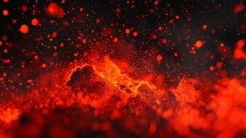 powerful cosmic display unfolds as radiant red particles burst forth, dispersing into the black background. This high-energy explosion captivates with its fiery glow and dynamic movement. photo