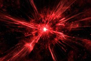 powerful burst of red particles erupts from the center of a black expanse, casting bright trails and scattering glowing dust across the cosmic darkness, revealing the beauty of an explosive force. photo